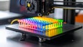 3D printer creating a colorful plastic object, close-up view Royalty Free Stock Photo