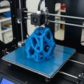 A 3D printer is creating a complex, blue geometric structure on a flat build plate. The Royalty Free Stock Photo
