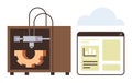 3D printer creating a gear alongside a cloud-based software interface for design and control Royalty Free Stock Photo