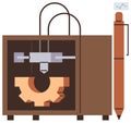 3D Printer Creating Gear Model Next to Stylized Mechanical Pen and Flowchart Royalty Free Stock Photo
