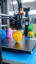 3D printer creating a geometric object with colorful filament in a workshop setting Royalty Free Stock Photo