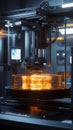 3D printer creating glowing intricate model in high-tech environment