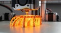 A 3D printer creating an intricate orange object with glowing details shows the process of additive manufacturing and innovative Royalty Free Stock Photo