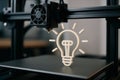 3D printer creating light bulb-shaped design with visible nozzle and fan above print bed in tech workspace. Royalty Free Stock Photo