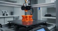 3d Printer Creating Object Using Orange Filament in Modern Laboratory Royalty Free Stock Photo