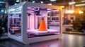3 D printer creating orange cone object in laboratory 1 Royalty Free Stock Photo