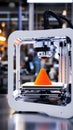 3 D printer creating orange conical object in laboratory Royalty Free Stock Photo