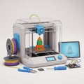 3D printer creating toy rocket with laptop and tools Royalty Free Stock Photo