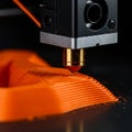 A 3D printer extrudes orange filament, forming layers to create an object. The printer Royalty Free Stock Photo