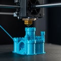 A 3D printer fabricates a small, blue castle model, featuring turrets, a central tower, and Royalty Free Stock Photo