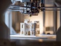 3d printer fabricating a detailed architectural model of a building with arched windows and doorways using white filament in a Royalty Free Stock Photo