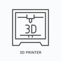 3D printer flat line icon. Vector outline illustration of prototype printing. Plastic manufacturing thin linear logo