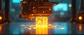 3D printer with golden glow HUD icon prints cube. Modern advanced tech emerging process. Abstract minimal design concept. Glows Royalty Free Stock Photo