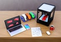 3D printer, laptop and product color samples