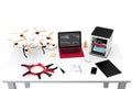 3D printer, laptop, tablet PC and drone on a table Royalty Free Stock Photo