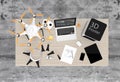 3D printer, laptop, tablet PC and drone on a table Royalty Free Stock Photo