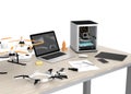 3D printer, laptop, tablet PC and drone on a table Royalty Free Stock Photo
