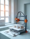 3D printer makes architectural model. Prototype building stands in bright modern workspace. Digital tech produces structure. Royalty Free Stock Photo