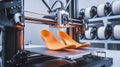 3d Printer Manufacturing Orange Orthopedic Shoe Insoles in a Lab Royalty Free Stock Photo