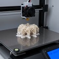 A 3D printer is in mid-operation creating a complex, beige lattice structure on its metal printing bed. Royalty Free Stock Photo