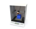 The 3D printer model prints a blue plastic cube. White isolated background