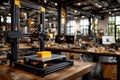 3D printer in a modern workshop creating a yellow object Royalty Free Stock Photo