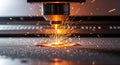 3D printer nozzle in action, extruding molten material with sparks flying, showcasing advanced technology and precision in a Royalty Free Stock Photo