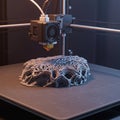 A 3D printer nozzle, positioned over a build plate, is in the process of creating