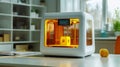 Modern 3D Printer Technology Yellow Object Printing Innovation Design Future home tool model build Royalty Free Stock Photo