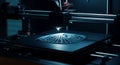 A 3D printer is in operation, creating a circular, intricate lattice pattern on a flat Royalty Free Stock Photo