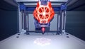 3 d printer in operation creating orange geometric object on white surface Royalty Free Stock Photo