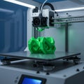 A 3D printer is in operation, producing a green geometric object with a complex Royalty Free Stock Photo