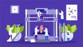3D printer and people scientists group laboratory teamwork vector illustration hand drawn. Royalty Free Stock Photo
