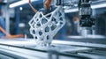 A 3D printer precisely fabricates a complex white geometrical structure, AI Generated