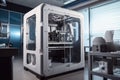 3d printer printing complex design, with view of finished product visible