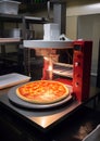 3D printer prints pizza. Cooking device of future for making food. Home future technology. Realistic composition with process 3d