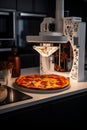 3D printer prints pizza. Cooking device of future for making food. Home future technology. Realistic composition with process 3d