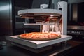 3D printer prints pizza. Cooking device of future for making food. Home future technology. Realistic composition with process 3d