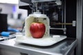 3D printer prints red apple. Cooking device of future for making food. Home future technology. Realistic composition with process Royalty Free Stock Photo