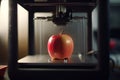 3D printer prints red apple. Cooking device of future for making food. Home future technology. Realistic composition with process