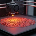 A 3D printer is in the process of creating an intricate, lace-like design using a bright