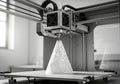 3D printer creating a detailed geometric pyramid model in a bright workspace, showcasing advanced technology and innovation in Royalty Free Stock Photo