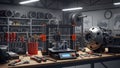 3d printer on a workbench in a workshop with tools and mechanical parts displayed Royalty Free Stock Photo