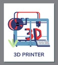3D printer technology card or banner template, flat cartoon vector illustration.