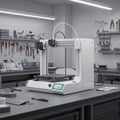 3D printer on a workbench in a modern workshop. The printer features a rectangular Royalty Free Stock Photo