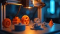 3D printer in workshop prints orange gears, grey castle models. Modern prototype manufacturing science, tech, creative future in Royalty Free Stock Photo