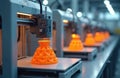 3D printers create orange objects on assembly line. Automated machines fabricate parts with precision in manufacturing facility. Royalty Free Stock Photo