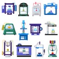 3d printers and layout rapid prototyping vector illustration. Process of 3d printing, modeling and scanning objects