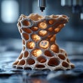 3D printing in action A mesmerizing, intricate beige lattice structure emerges, glowing from within. A futuristic concept,