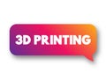 3D Printing - additive manufacturing process that creates a physical object from a digital design, text concept message bubble